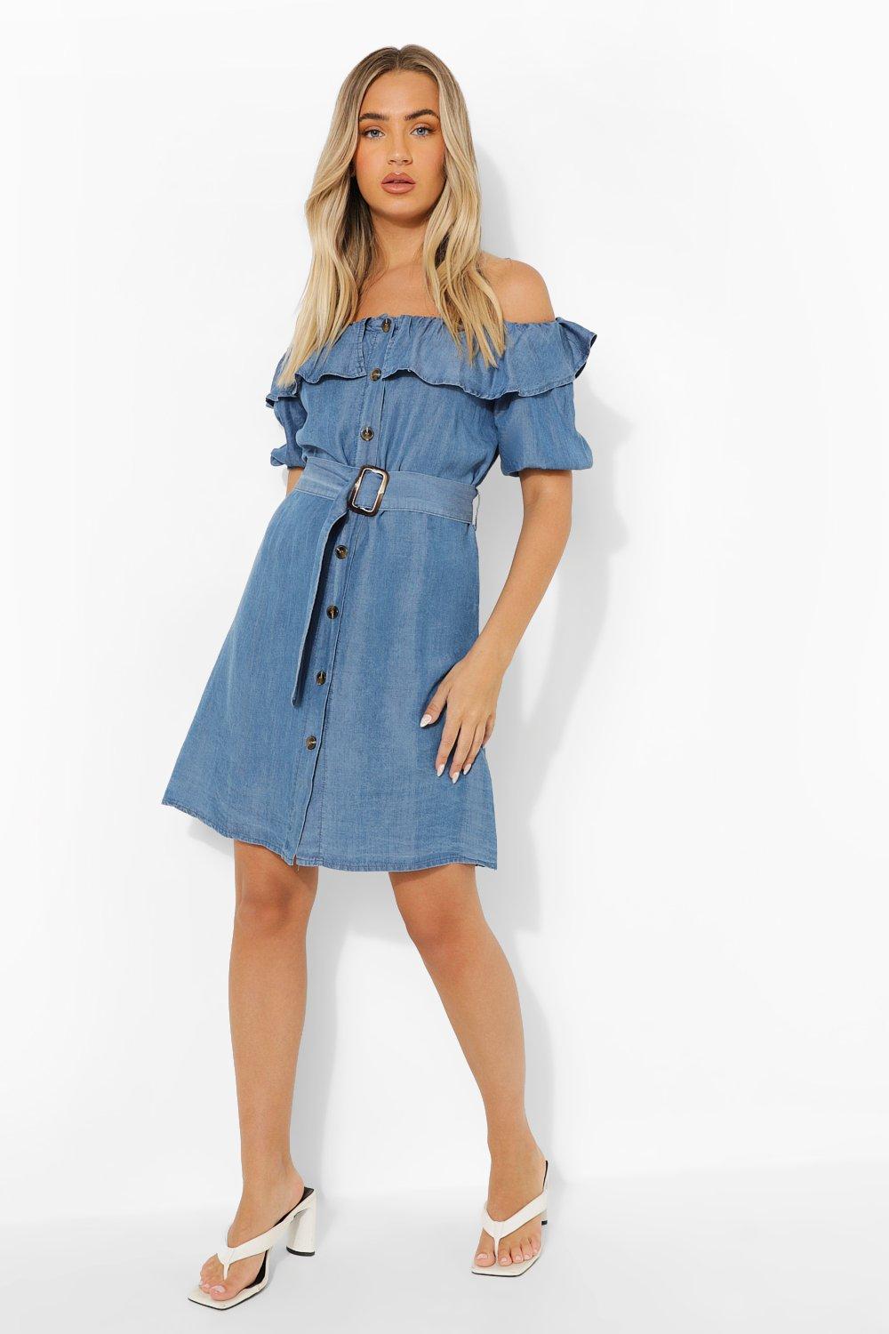 Ruffle Off The Shoulder Button Down Denim Dress boohoo